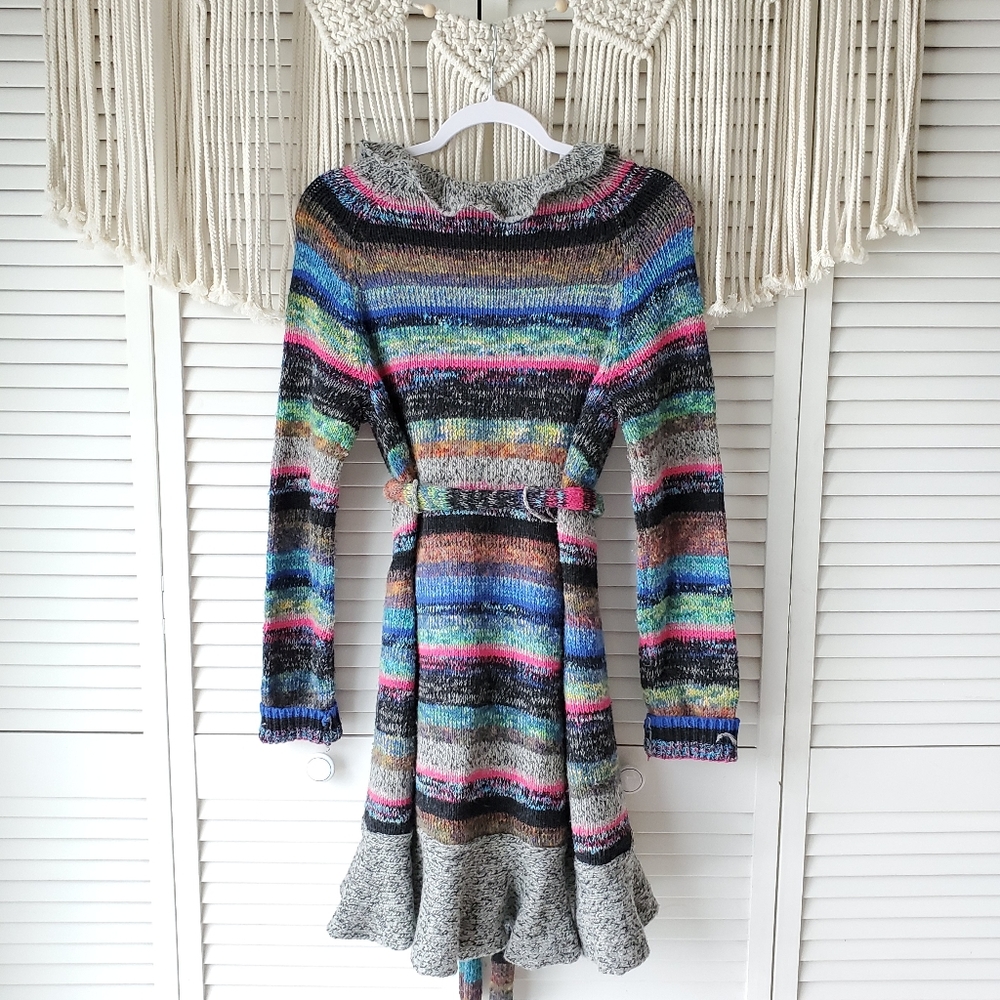 ANTHRO MOTH Rainbow Striped Knit Ruffle Cardigan M - Picture 5 of 6